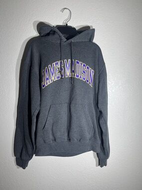 JMU Champion Charcoal Gray Pullover Hoodie with Purple & Gold letters